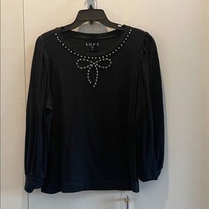 LOFT Black Long Sleeve Top with Embellished Bow